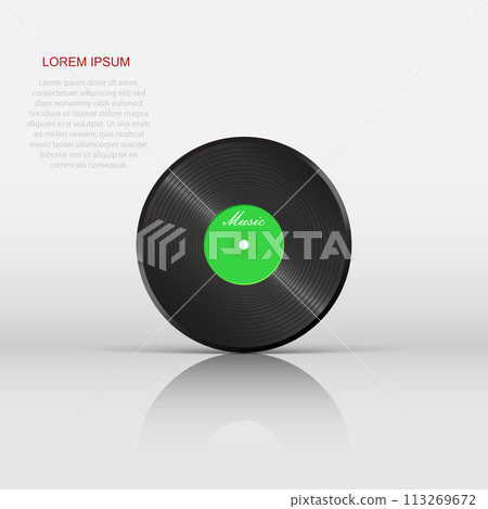 Vinyl disk with flying sound note. Music disk vector illustration. Sound record. 113269672