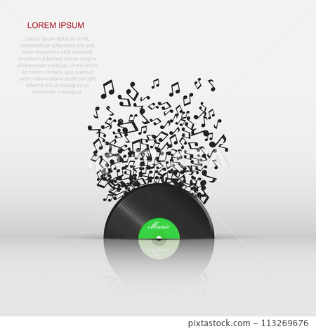 Vinyl disk with flying sound note. Music disk vector illustration. Sound record. 113269676