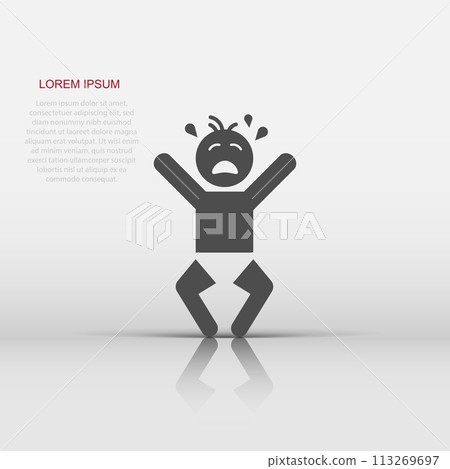 Vector crying baby icon in flat style. Anger emotions child sign illustration pictogram. Baby business concept. Vector crying baby icon in flat style. Anger emotions child sign illustration pictogram. Baby business concept. 113269697