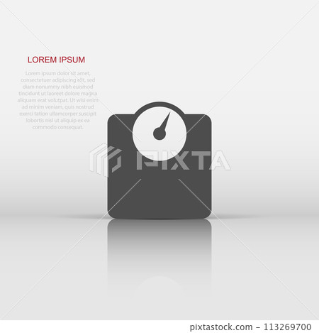 Vector bathroom scale weigher icon in flat style. Weigher sign illustration pictogram. Balance business concept. Vector bathroom scale weigher icon in flat style. Weigher sign illustration pictogram. Balance business concept. 113269700