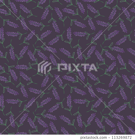 Hand drawn watercolor abstract lavender wildflower seamless pattern isolated on dark background. Can be used for textile, fabric and other printed products. 113269872