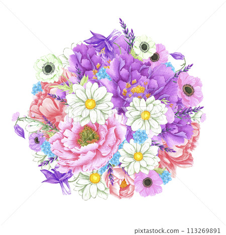 Hand drawn watercolor flowers bouquet isolated on white background. Can be used for post card, label and other printed products. 113269891