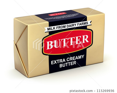 Colored butter mockup on white background - 3D illustration Colored butter mockup on white background - 3D illustration 113269936