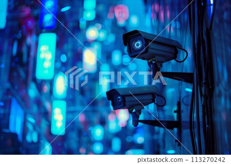 Modern urban surveillance: a night view of a neon-lit city street captured by two security cameras 113270242