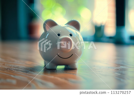 A cheerful ceramic piggy bank sits on a wooden table, symbolizing savings and financial security A cheerful ceramic piggy bank sits on a wooden table, symbolizing savings and financial security 113270257
