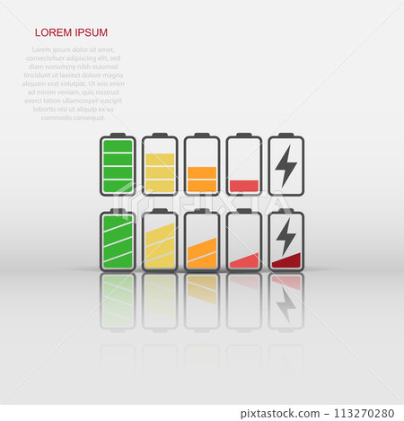 Vector battery icon in flat style. Battery charge level, full and low sign illustration pictogram. Accumulator business concept. 113270280