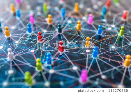 Colorful pins on a map depicting worldwide connectivity and internet network 113270286