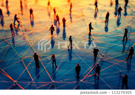 Abstract visualization of a social network with interconnected human figures on a digital map Abstract visualization of a social network with interconnected human figures on a digital map 113270305