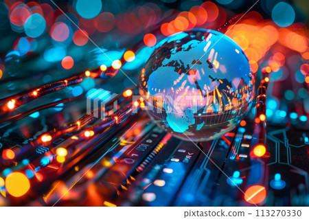 Illuminated globe on circuit board symbolizing worldwide internet connection 113270330