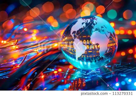 Vivid image showcasing a glowing globe with binary code and network cables symbolizing worldwide connectivity 113270331