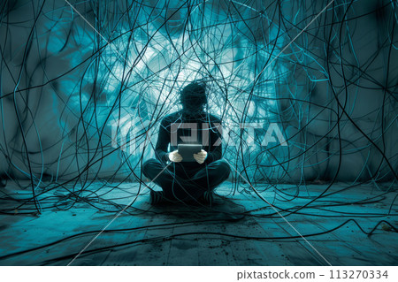 Illustrating internet addiction: person engulfed in tangled cables 113270334