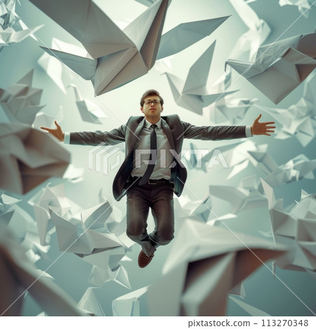 Businessman floating among paper origami birds in conceptual image 113270348