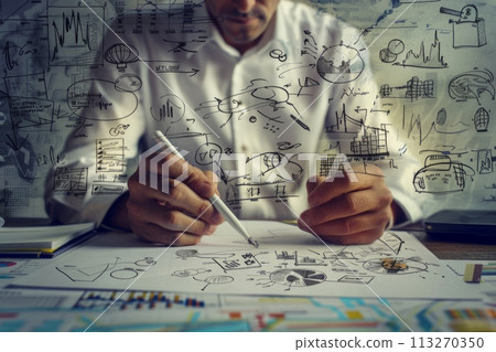 Close-up of a business strategist analyzing charts and graphs 113270350