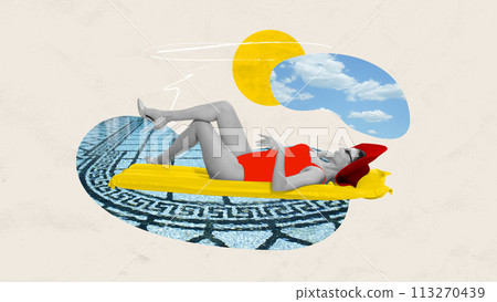 Contemporary art collage. Abstract artwork. Young, slender girl lies in swimsuit and hat and sunbathes, relaxing by pool. Contemporary art collage. Abstract artwork. Young, slender girl lies in swimsuit and hat and sunbathes, relaxing by pool. 113270439