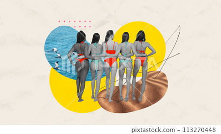 Contemporary art collage. Abstract artwork. Back view of beautiful slender tanned girls in swimsuits, bikinis on beach. Contemporary art collage. Abstract artwork. Back view of beautiful slender tanned girls in swimsuits, bikinis on beach. 113270448