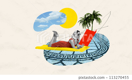 Contemporary art collage. Abstract artwork. Girl enjoys summer day lying on sun lounger in light dress and reading book on edge of pool. Contemporary art collage. Abstract artwork. Girl enjoys summer day lying on sun lounger in light dress and reading book on edge of pool. 113270455
