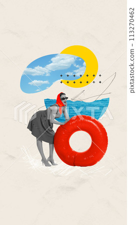 Contemporary art collage. Abstract artwork. Girl in dress leaned on red lifeline standing on beach on hot summer day. Recreation. Contemporary art collage. Abstract artwork. Girl in dress leaned on red lifeline standing on beach on hot summer day. Recreation. 113270462