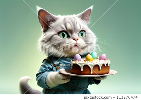 cute cat with Easter pie and eggs in a basket, isolated on a green background 113270474