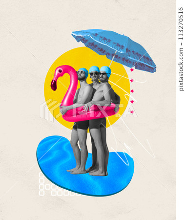 Contemporary art collage. Abstract artwork. Three men in one big lifebuoy in form of pink flamingo have fun on beach. Contemporary art collage. Abstract artwork. Three men in one big lifebuoy in form of pink flamingo have fun on beach. 113270516