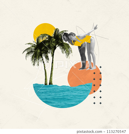 Contemporary art collage. Girls in swimsuits standing on point and going to jump into water. Abstract artwork. 113270547