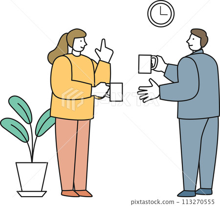 一個男人和一個女人一邊喝咖啡一邊交談 113270555