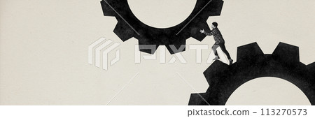Banner. Contemporary art collage. young man stand in gear mechanism and trying to get mechanism going, symbolizing startup. Monochrome. Banner. Contemporary art collage. young man stand in gear mechanism and trying to get mechanism going, symbolizing startup. Monochrome. 113270573