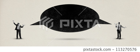 Banner. Contemporary art collage. Find compromise. Two people, businessmen with megaphones shout to each other and their speech bubbles have united. Minimalist design. 113270576