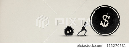 Banner. Contemporary art collage. Girl left small coin behind and tries to roll heavy large coin symbolizing earnings and savings. 113270581