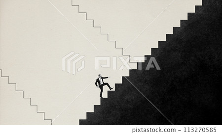 Contemporary art collage. Young guy tries to climb high long career ladder. Business development. Minimalist design. 113270585