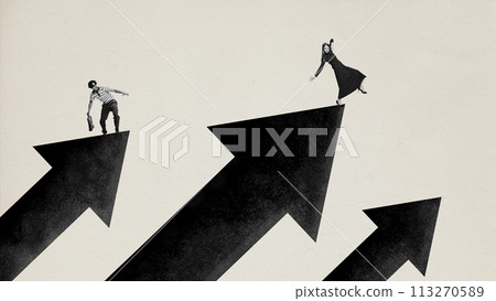 Contemporary art collage. Successful businessmen move standing on arrows. Personal growth and brand development. Minimalist design. Contemporary art collage. Successful businessmen move standing on arrows. Personal growth and brand development. Minimalist design. 113270589