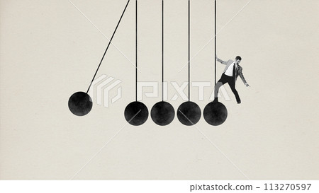 Contemporary art collage. Concentration. Man in smart casual clothes trying to balance on pendulum. Minimalist design. 113270597