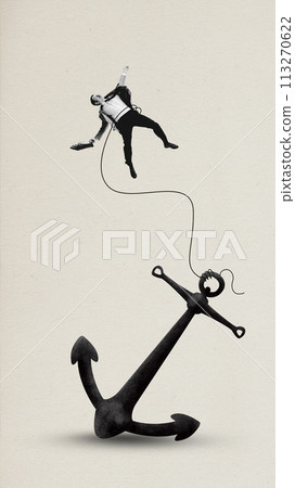 Contemporary art collage. businessman trying to take off, but anchor, symbolizing his doubts and fears, pulls him down. Minimalist design. Contemporary art collage. businessman trying to take off, but anchor, symbolizing his doubts and fears, pulls him down. Minimalist design. 113270622