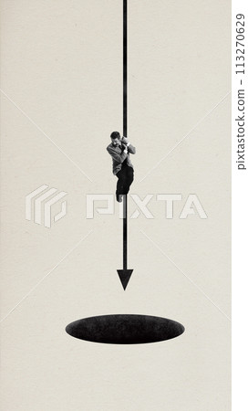 Contemporary art collage. man fearfully, with fear tries to go down black arrow pointing down. Minimalist design. Contemporary art collage. man fearfully, with fear tries to go down black arrow pointing down. Minimalist design. 113270629