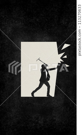 Contemporary art collage. Going beyond. Man breaking black frame in which he sits. Business development. personal growth. Minimalist design. 113270633