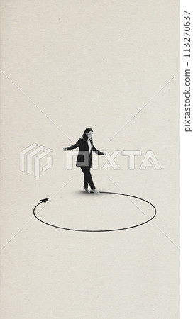 Contemporary art collage. Girl in suit walking in direction of circular line. Black and white minimalist style. Contemporary art collage. Girl in suit walking in direction of circular line. Black and white minimalist style. 113270637