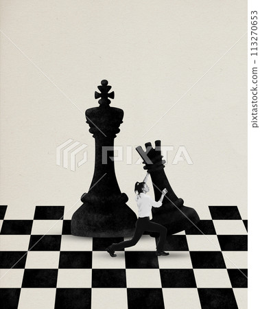Contemporary art collage. Girl puts checkmate on chessboard, symbolizing solution of complex problems in work. Minimalist design. Contemporary art collage. Girl puts checkmate on chessboard, symbolizing solution of complex problems in work. Minimalist design. 113270653