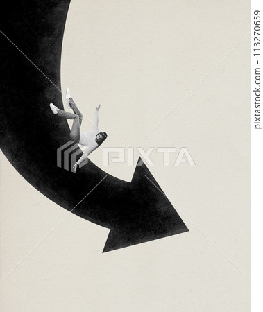Contemporary art collage. Decrease. Young woman entrepreneur rolls down black arrow against beige background. Minimalist design. Contemporary art collage. Decrease. Young woman entrepreneur rolls down black arrow against beige background. Minimalist design. 113270659