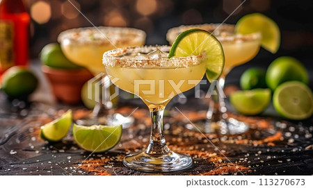 Margarita Cocktail With Salted Rim, Lime Garnish. Bar Menus, Mexican Summer Party, AI Generated 113270673