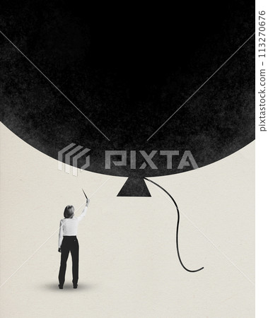 Contemporary art collage. Young girl stands in front of big black ball and wants to punch it. Control of emotions at work. Minimalist design. Contemporary art collage. Young girl stands in front of big black ball and wants to punch it. Control of emotions at work. Minimalist design. 113270676