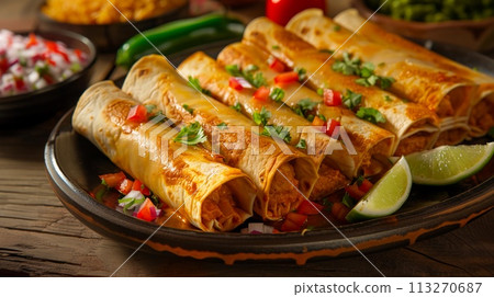Golden-Brown Enchiladas Garnished With Fresh Tomato, Onion, Cilantro, And Lime Wedges. AI Generated 113270687