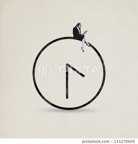 Contemporary art collage. Young girl, the secretary sits on clock and works, symbolizing deadlines. Minimalist design. Monochrome. Contemporary art collage. Young girl, the secretary sits on clock and works, symbolizing deadlines. Minimalist design. Monochrome. 113270689
