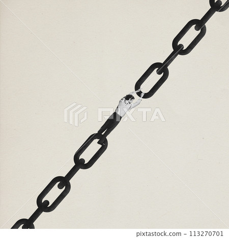 Contemporary art collage. Man, entrepreneur trying to become one of links in chain symbolizing teamwork or important position. Minimalist design. Contemporary art collage. Man, entrepreneur trying to become one of links in chain symbolizing teamwork or important position. Minimalist design. 113270701