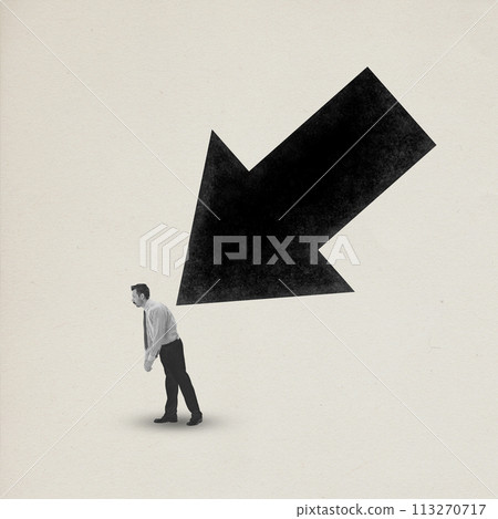 Contemporary art collage. Black downward arrow pushes upset, burnt-out businessman. Minimalist design. Monochrome Contemporary art collage. Black downward arrow pushes upset, burnt-out businessman. Minimalist design. Monochrome 113270717