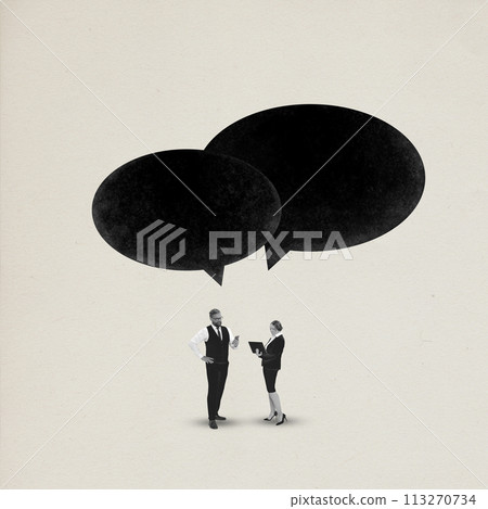 Contemporary art collage. Man and woman stand and discuss working moments with speech bubbles from above. Minimalist design. 113270734