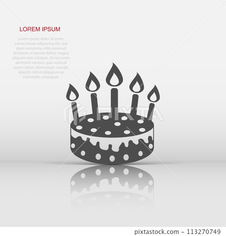 Vector cake with candle icon in flat style. Pie sign illustration pictogram. Dessert food business concept. 113270749