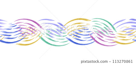 Seamless border with abstract music waves. Multicolored line art. Musical atmosphere. Watercolor cute illustration for textile, package, wrapping. 113270861