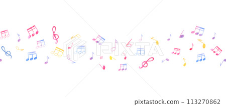 Seamless border with abstract music notes. Multicolored note symbols in wave style. Musical cute atmosphere. Watercolor illustration for textile, package, wrapping. 113270862