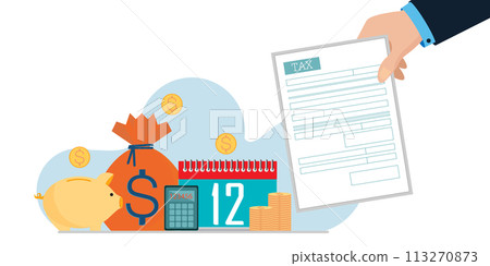 Hand holding tax form isolated on white background. Hand holding tax form isolated on white background. 113270873