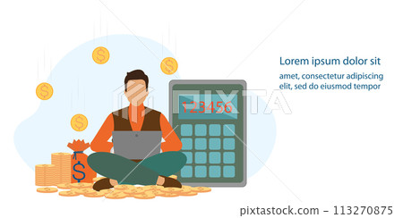 A man sitting on on a stack of gold coins. A man sitting on on a stack of gold coins. 113270875
