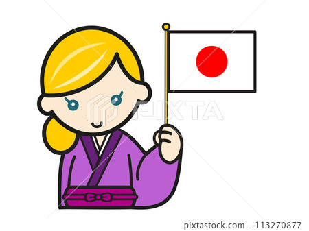 穿著和服的金髮女郎舉著日本國旗 穿著和服的金髮女郎舉著日本國旗 113270877